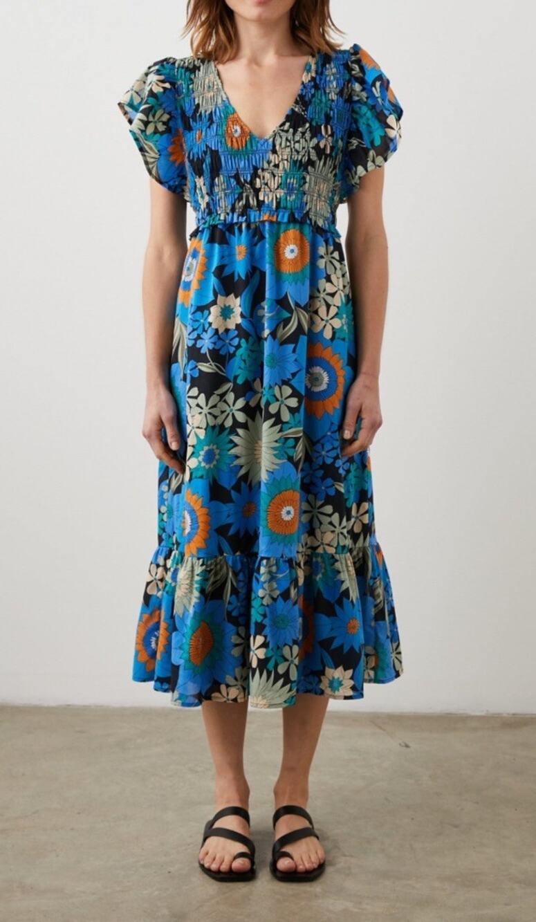 Rails Clementine Azul Wildflower Midi Dress Smocked Flutter Medium Blue Resort